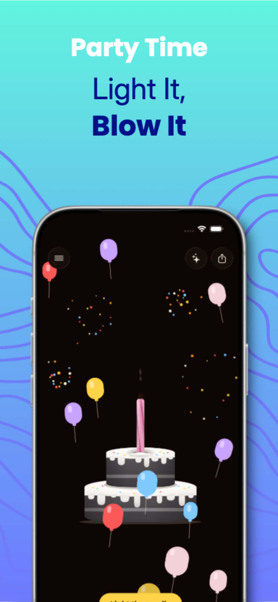 A birthday cake with balloons, confetti, and fireworks on the phone