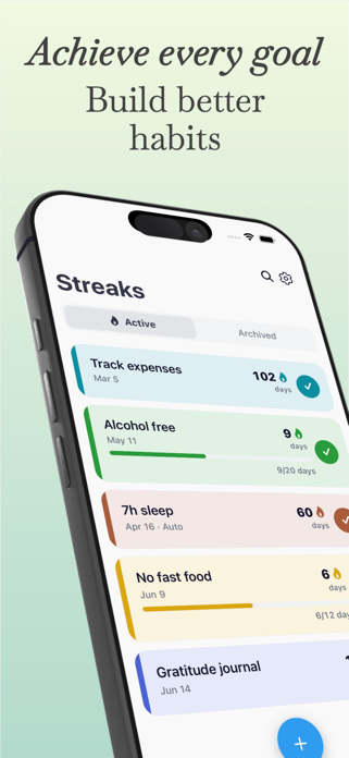 Streak Builder habit tracker screenshot — daily habit list view